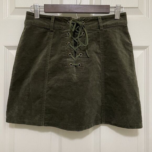 FOREVER 21 Dresses & Skirts - Forever 21 Lace Up Corduroy Mini Skirt Olive Green‎ Velvety Soft Grunge Sz Small
